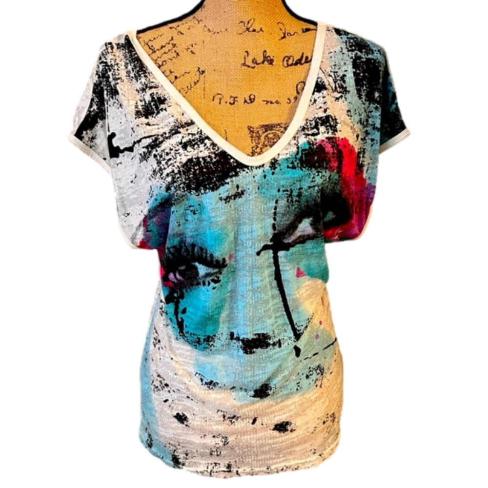 Buffalo David Bitton Double V-Neck Dolman Top w Glam Face New Condition Size L